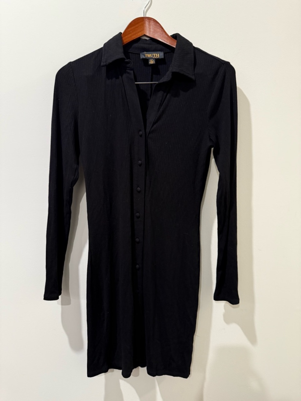 Truth Black Ribbed Button-Front Collared Dress Size S
